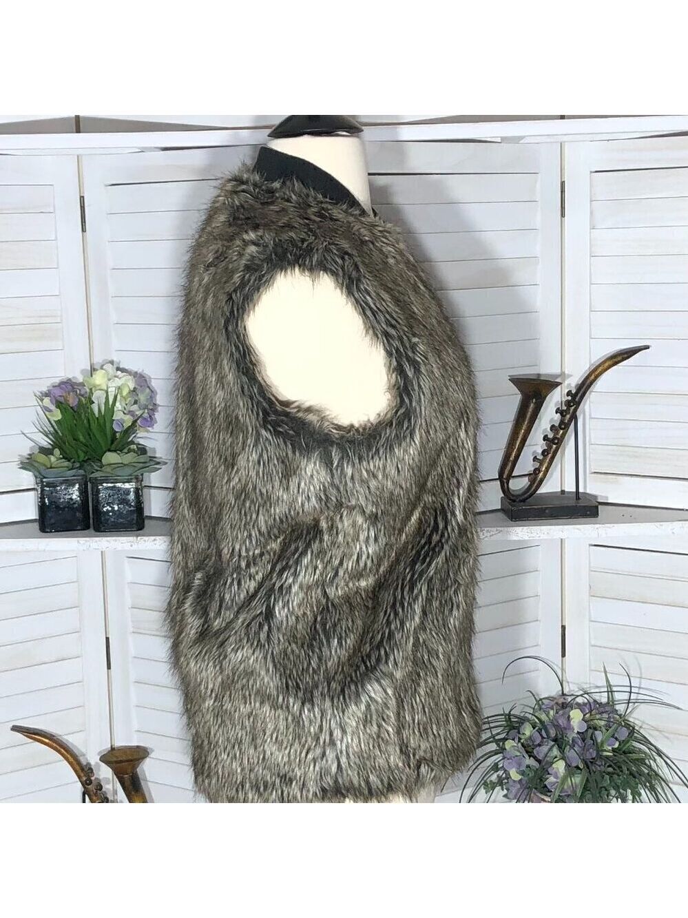ASOS Faux Fur Vest Brown Gray Large - Picture 3 of 11